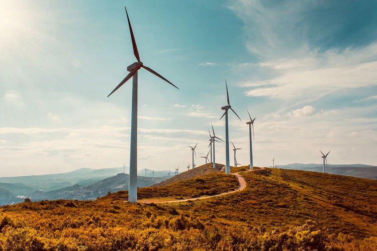 Mehrere Windr&auml;der stehen auf einem H&uuml;gel in einer weitl&auml;ufigen Landschaft unter dem blauem Himmel.